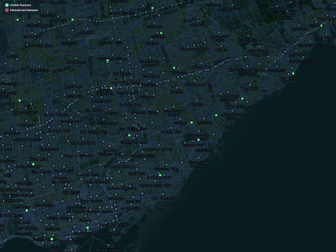 In this map of Toronto, I'm exploring the layers aspect. I'm exploring transit stops again. The dark circles represent all transit stops in Toronto and the green circles represent most popular transit stops.