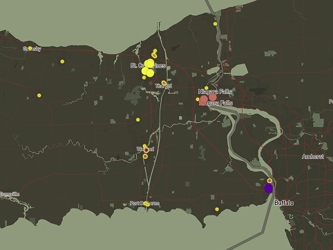 This screenshot shows some of Niagara's homeless shelters and foodbank locations. The shelters are circles and colour coded depending on what municipality they are in: 1) Yellow: St. Catharines, 2) Red: Niagara Falls, 3) Purple: Fort Erie. The foodbanks are denoted using a heat map. I hadn't used this feature before and wanted to try it. I think it got the message across that I needed, but I think circles or symbols would have been better. Unfortunately, I cannot use the same data visualization tool twice in the same map.