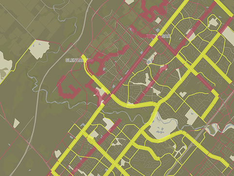 A screnshot from Mapbox of the city of Oakville showing bike lanes. THe yellow lines are exisitng bike lanes, and the red lines are proposed bike lanes. The thin lines represent 'On-road' and the thick lines represent 'Off-Road'. I was interested in this dataset because I wanted to know what the city's infrastructure was, both existing and planned, for cyclers, especially as this has become a more popular option for commuting.