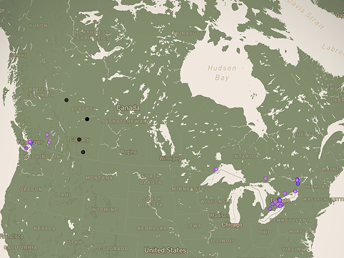 I found a Canada wide dataset looking at overdose injection sites across the country. The circles show where the injection sites are and the colours represent the number of non fatal overdoses. Unfortunately, there was not a category for amount of time so I wasn't sure how recent this was but I still found it interesting. Colour Legend: 1) Black: no overdoses, 2) Pink: 25 overdoses, 3) Magenta: 512 overdoses, 4) Lilac: 999 overdoses, 5) Purple: 1974 overdoses, 6) Indigo: 2948 overdoses, 7) Blue: 3923. Looking back on this map, I should have used different colours for these numbers instead of colours that look very similar to each other. I could have made the circles bigger but the custer of circles in Southern Ontario would be more difficult to visualize if I did that.