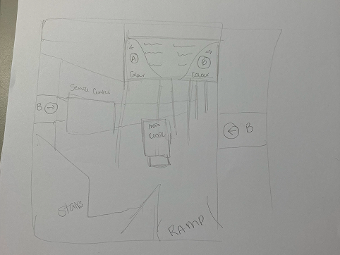 This is a drawing of the hallway with colour coded paint on the signs. The sign is still digital. The interactive kiosk is in the middle so that people notice it. We also removed the stairs on the left and added a ramp. We then removed the railings on the front and created a full staircase for easier access.<div class='container'><iframe class='responsive-iframe' src='https://www.youtube.com/embed/tgbNymZ7vqY'></iframe></div>
