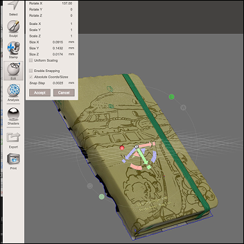An image of the journal I scanned in Scaniverse, downloaded as an OBJ and dragged into Meshmixer to repair it before takiing into Cinema 4D (C4D).